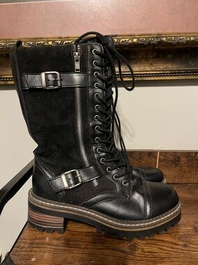 Black Lace-Up Combat Boots with Buckle and Zipper Detail - Women